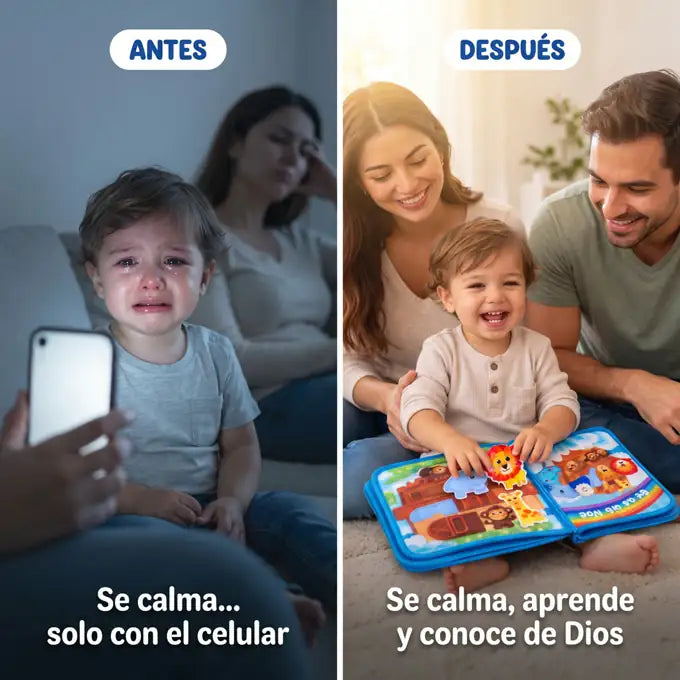 Antes: un niño llora y se calma solo con el celular. Después: el mismo niño feliz y en calma con el libro del Arca de Noé, junto a sus papás