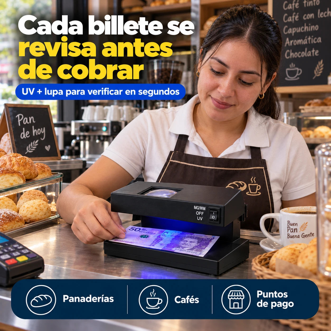 Cafetería revisando un billete antes de cobrar