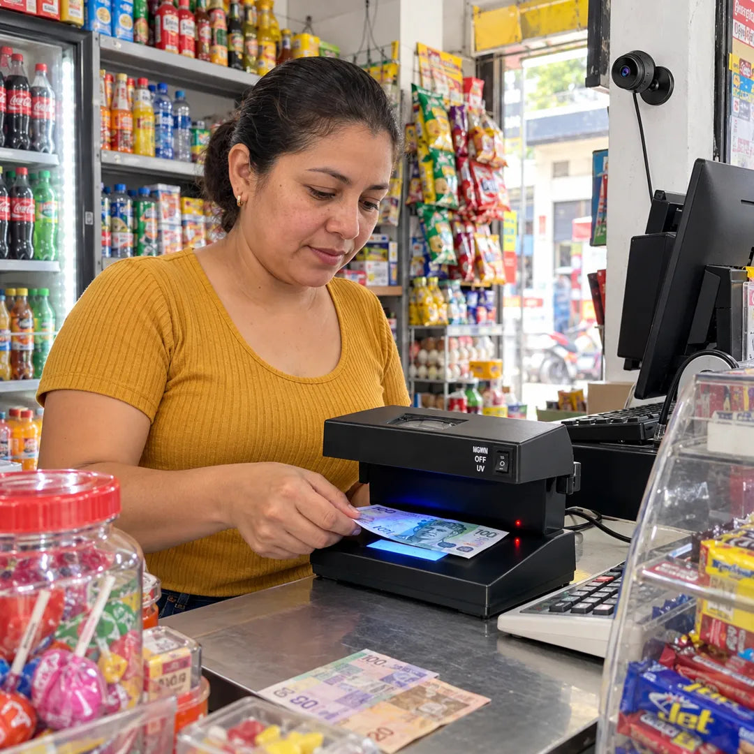 Tendera revisando un billete en su tienda
