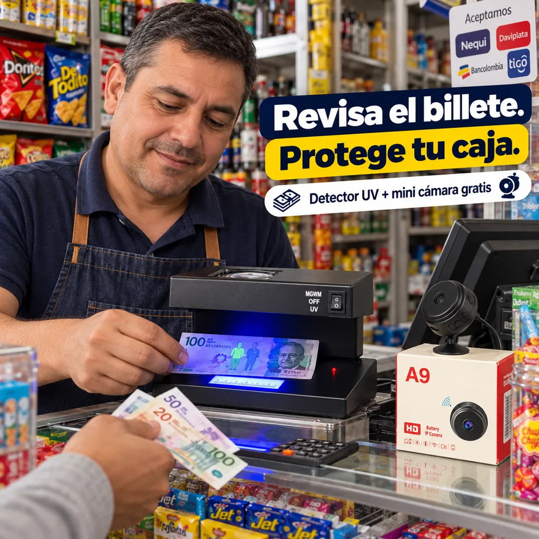 Tendero revisando un billete de 100.000