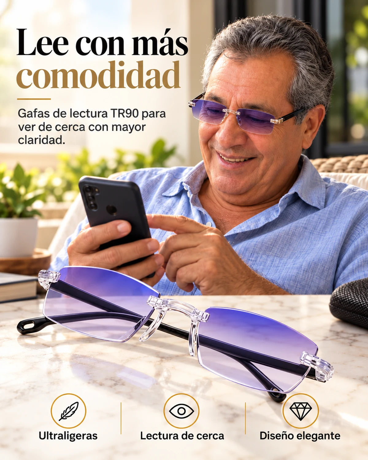 Gafas de lectura ClariLé™ en 2x1 y hombre leyendo un mensaje en su celular