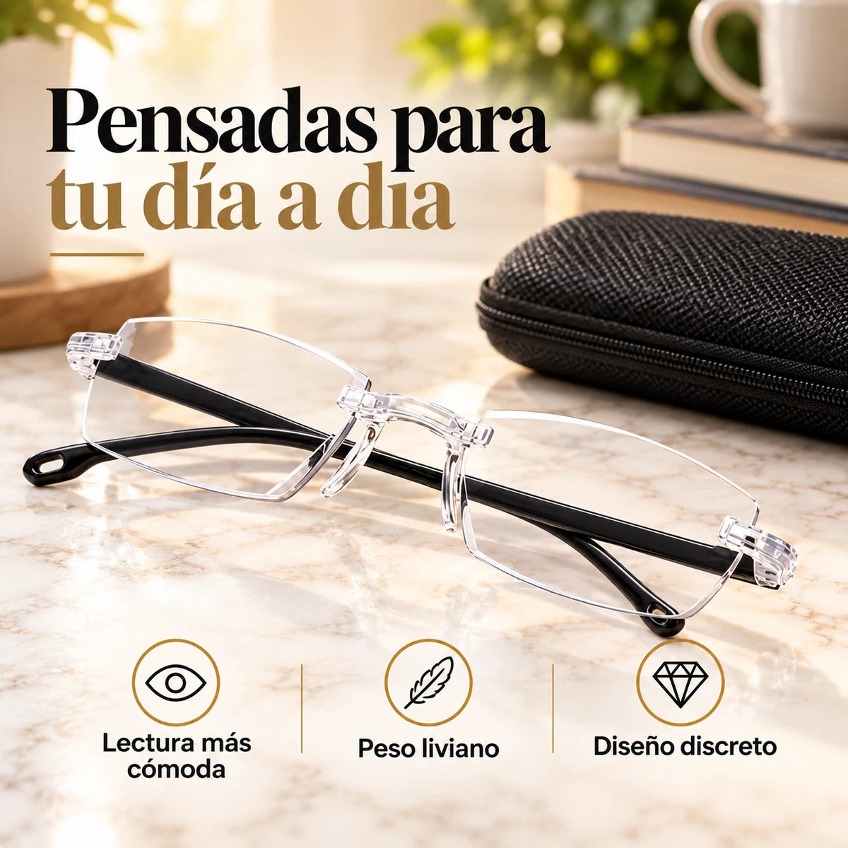 Gafas de lectura ClariLé™ livianas junto a su estuche negro