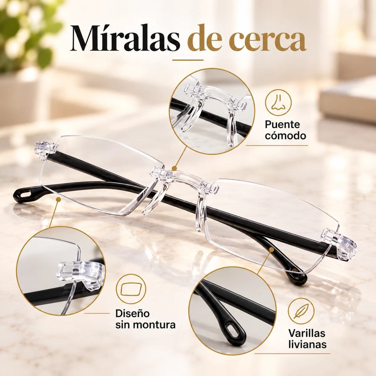Detalle de las gafas ClariLé™: puente, varillas y lentes