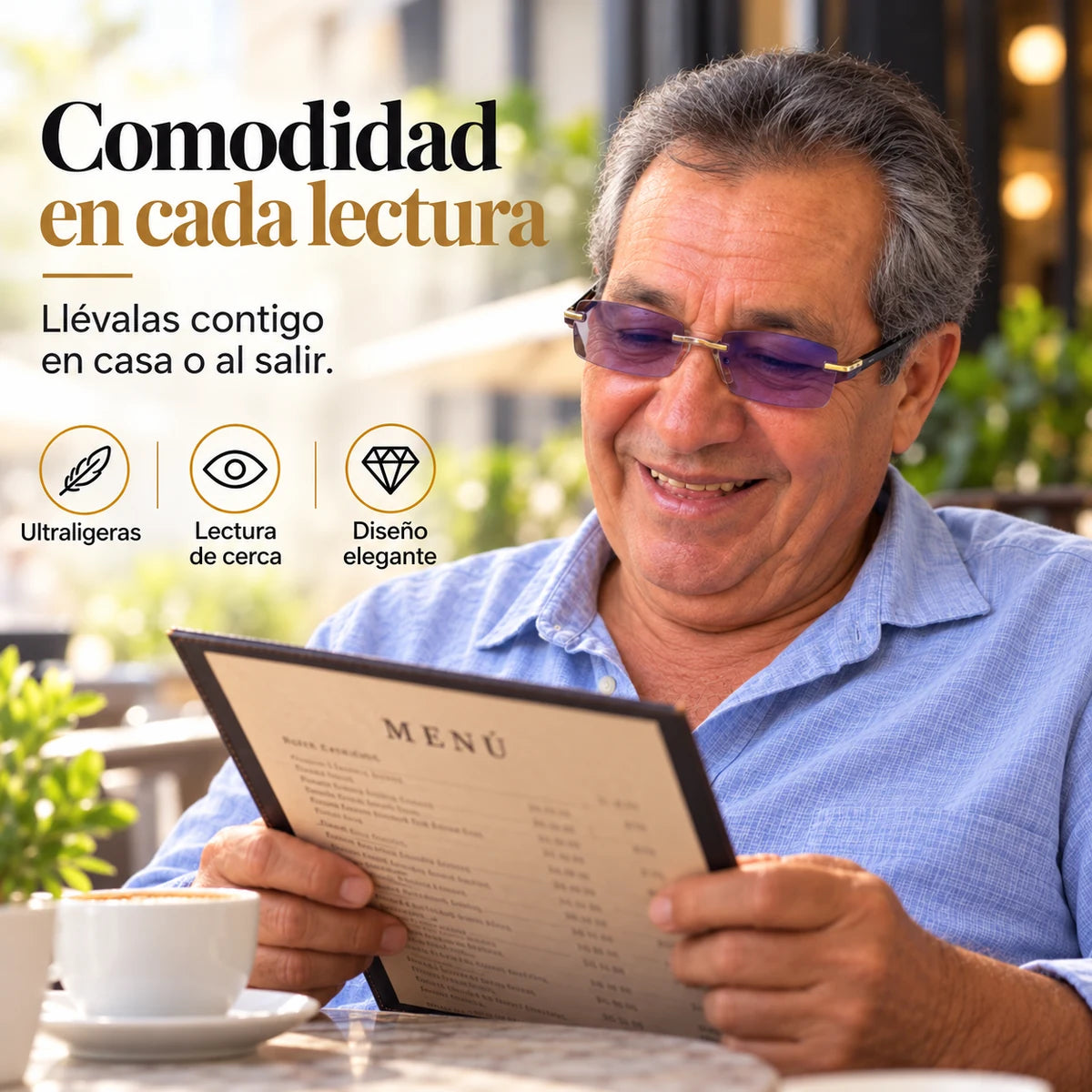 Hombre usando las gafas ClariLé™ para leer un menú