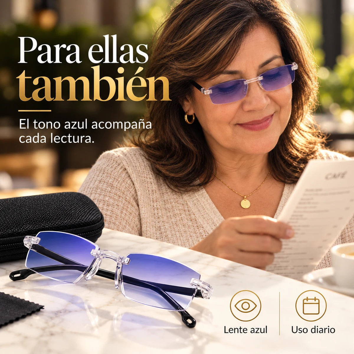 Mujer con gafas ClariLé™ de lente azul leyendo