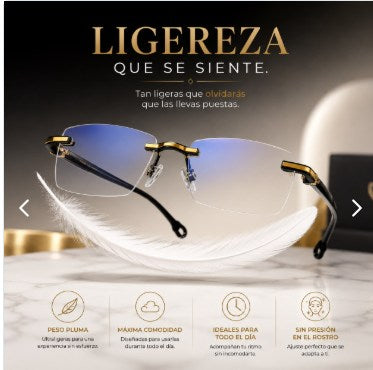 Gafas ClariLé™ ultraligeras sobre una pluma