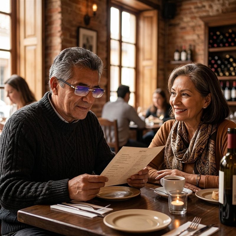 Pareja en un restaurante: él lee la carta con gafas ClariLé™