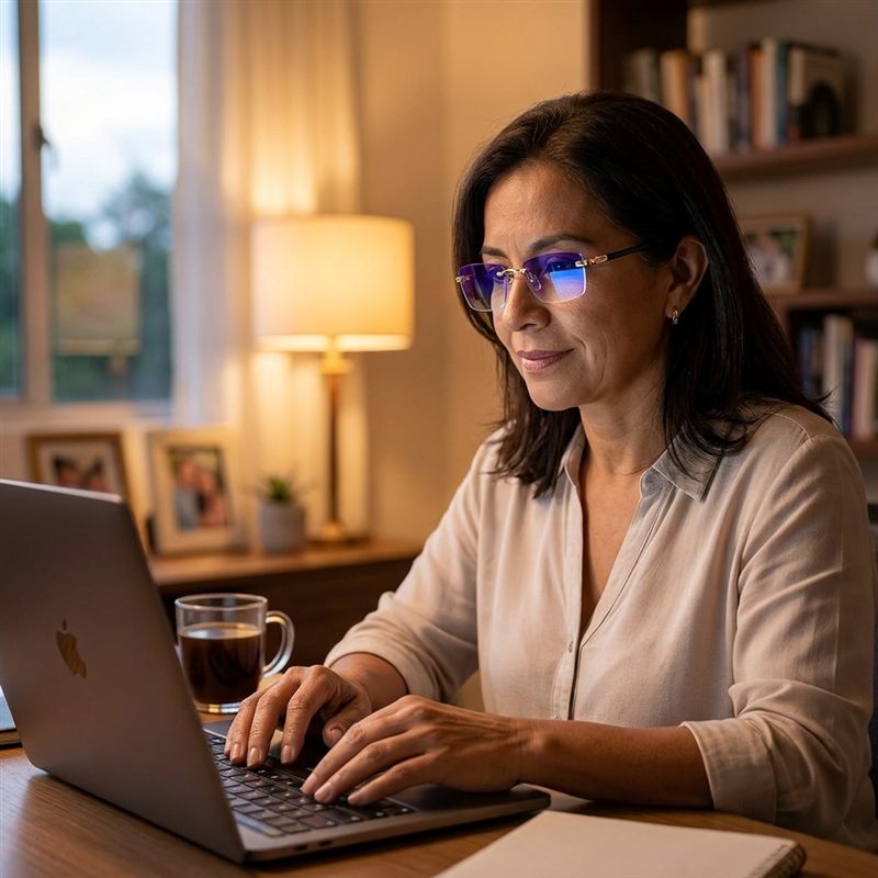 Señora trabajando en el portátil de noche con gafas ClariLé™