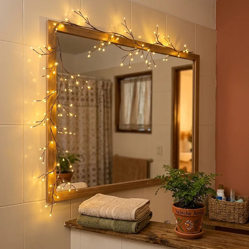 Rama de luz alrededor del espejo del baño