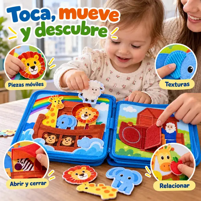 Niña moviendo las piezas del libro sensorial