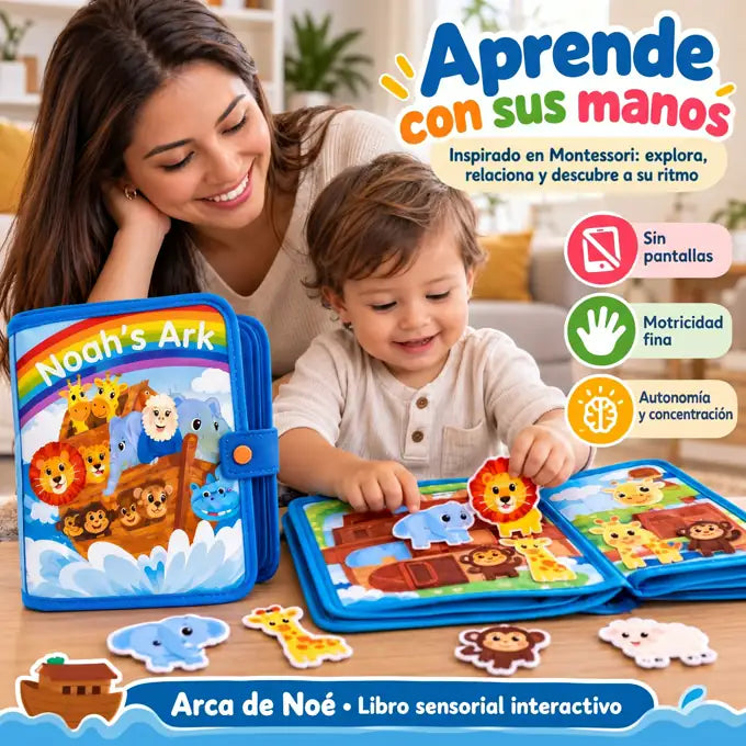 Mamá abre el libro del Arca de Noé con su hijo