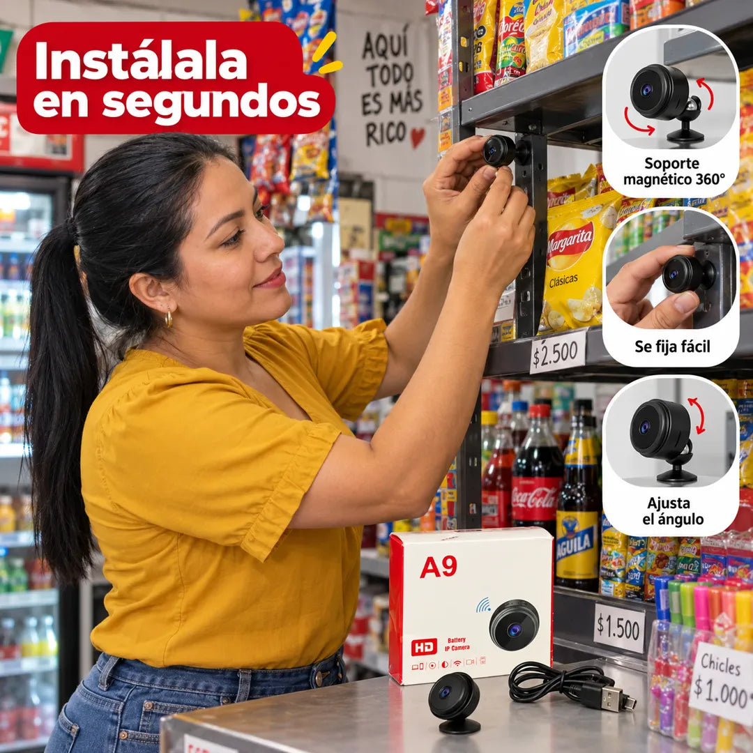 Tendera pegando la cámara A9 con su soporte magnético en un estante