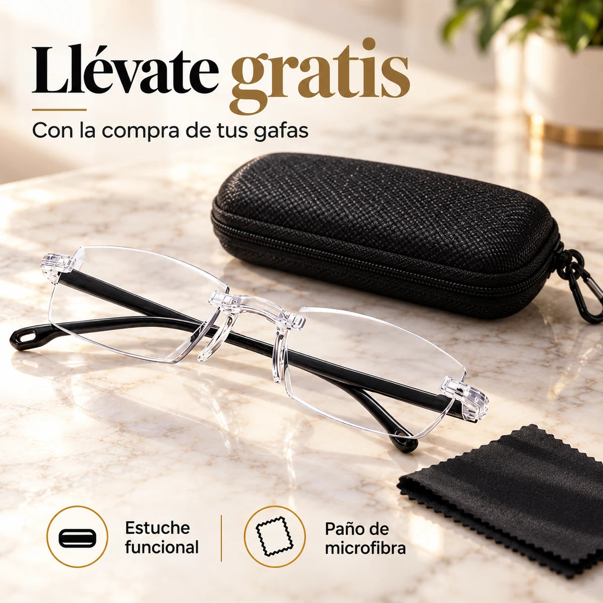 Estuche y paño de microfibra junto a las gafas
