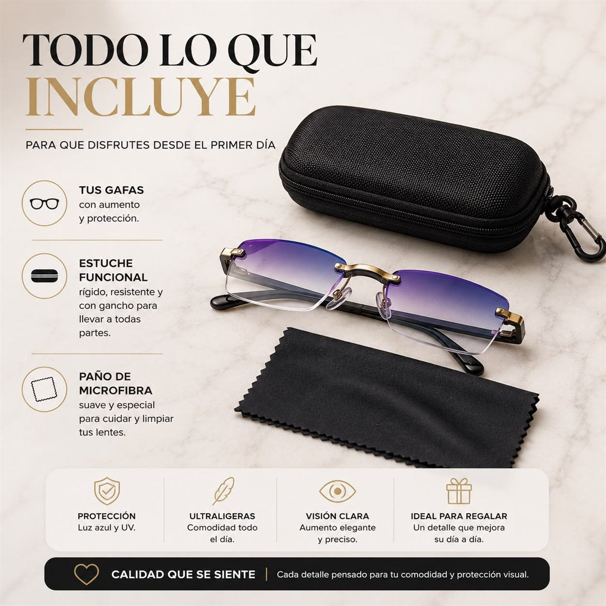 Estuche rígido negro con gancho y paño de microfibra
