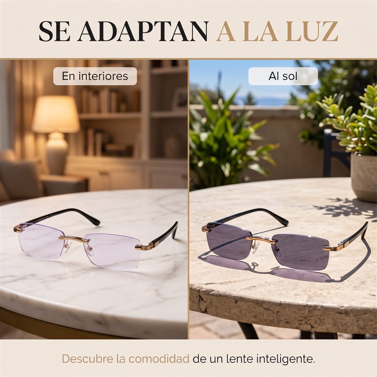 Las mismas gafas ClariLé™ en interiores con lente claro y al sol con lente oscuro