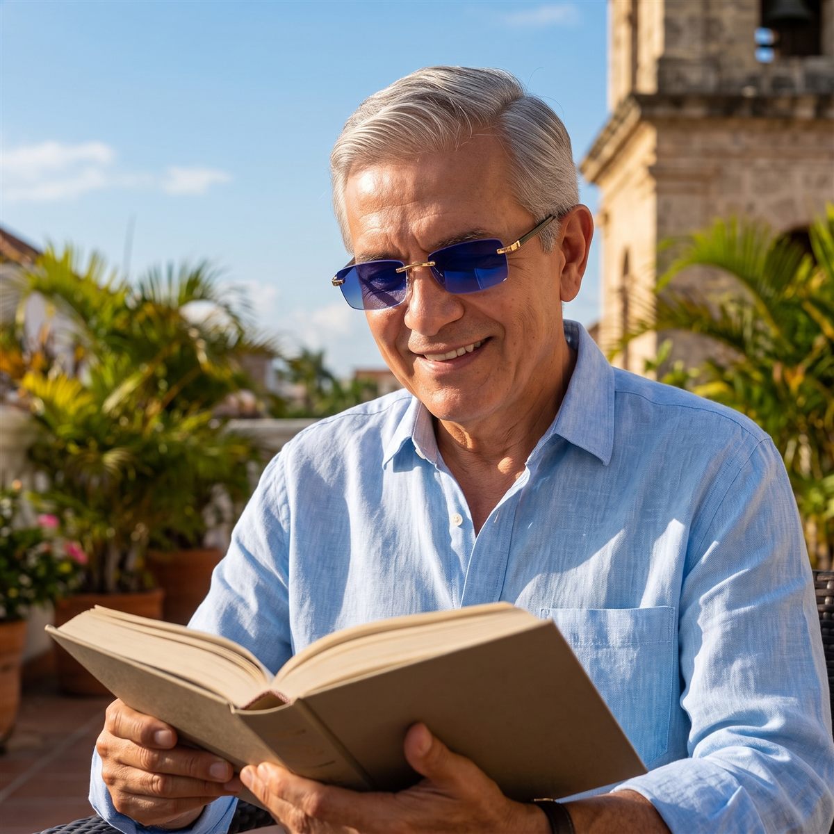 Señor leyendo al sol con las gafas ClariLé™: los lentes se ponen azules