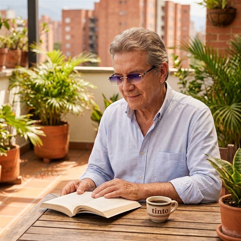 Señor leyendo un libro con un tinto en la terraza, con gafas ClariLé™