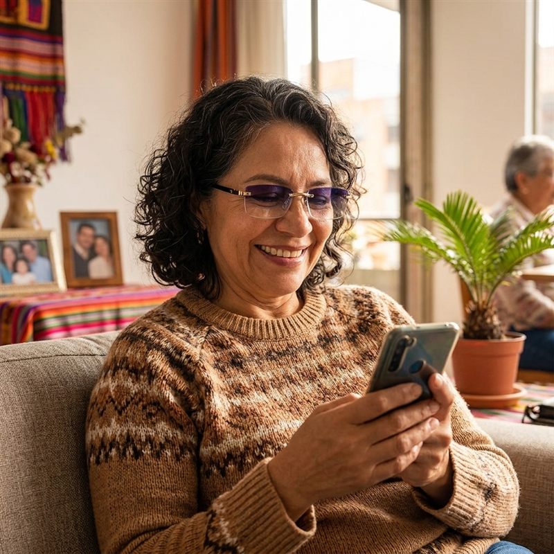 Señora leyendo un chat en el celular con gafas ClariLé™