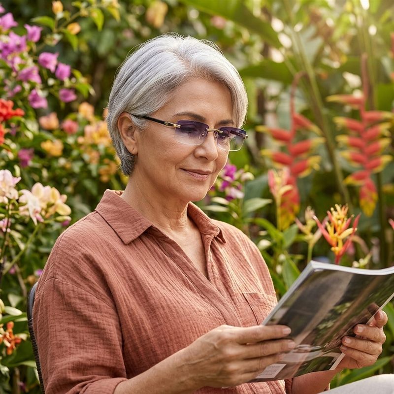 Señora de cabello plateado con gafas ClariLé™ en un jardín