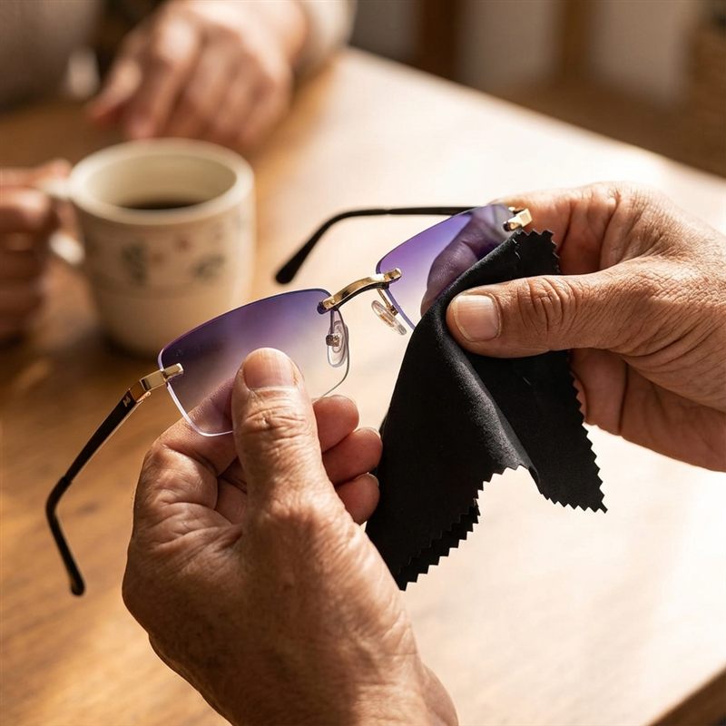 Manos limpiando los lentes con el paño de microfibra