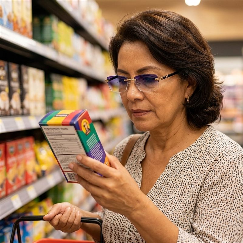 Señora leyendo la etiqueta de un producto en el supermercado
