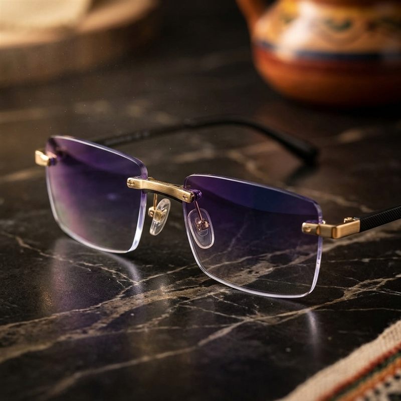 Detalle del puente y las bisagras dorados de las gafas