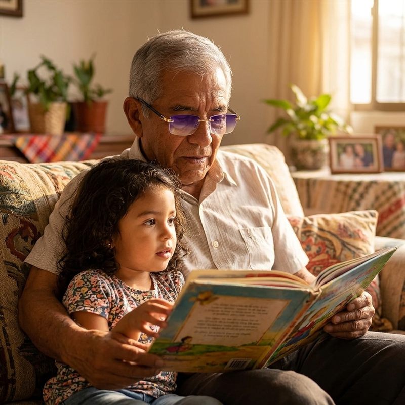 Abuelo leyéndole un cuento a su nieta con gafas ClariLé™