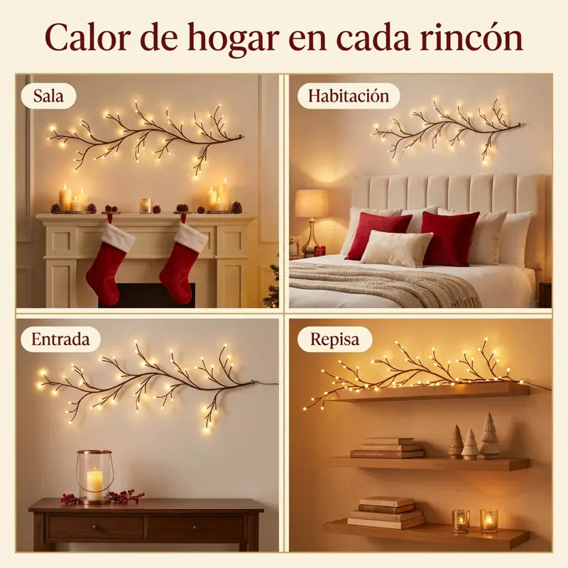 La rama en la sala, la habitación, la entrada y una repisa con adornos de Navidad