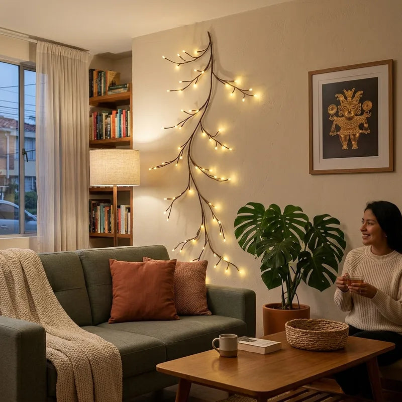Rama de luz cálida sobre el sofá de una sala