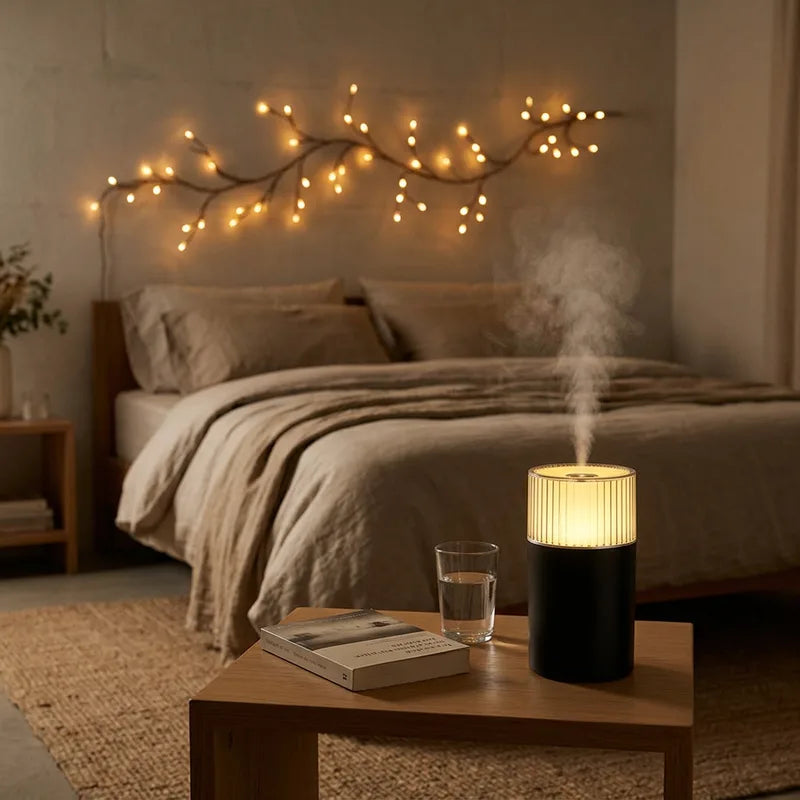 Humidificador en la mesa de noche y rama de luz cálida sobre la cabecera de la cama