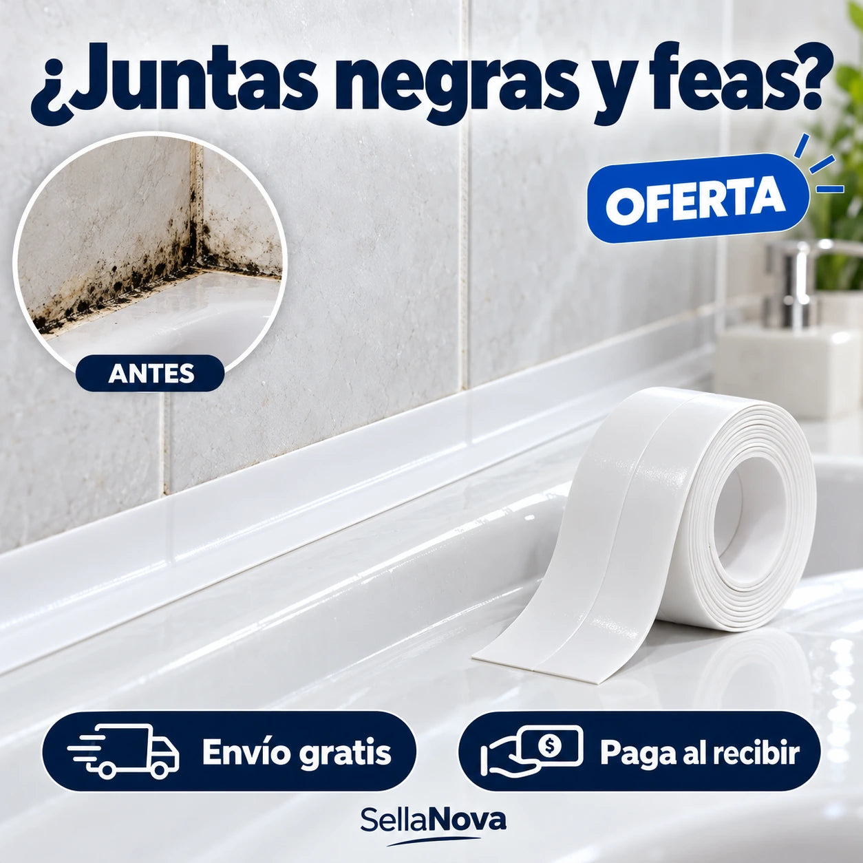Cinta selladora SellaNova en el borde de la tina