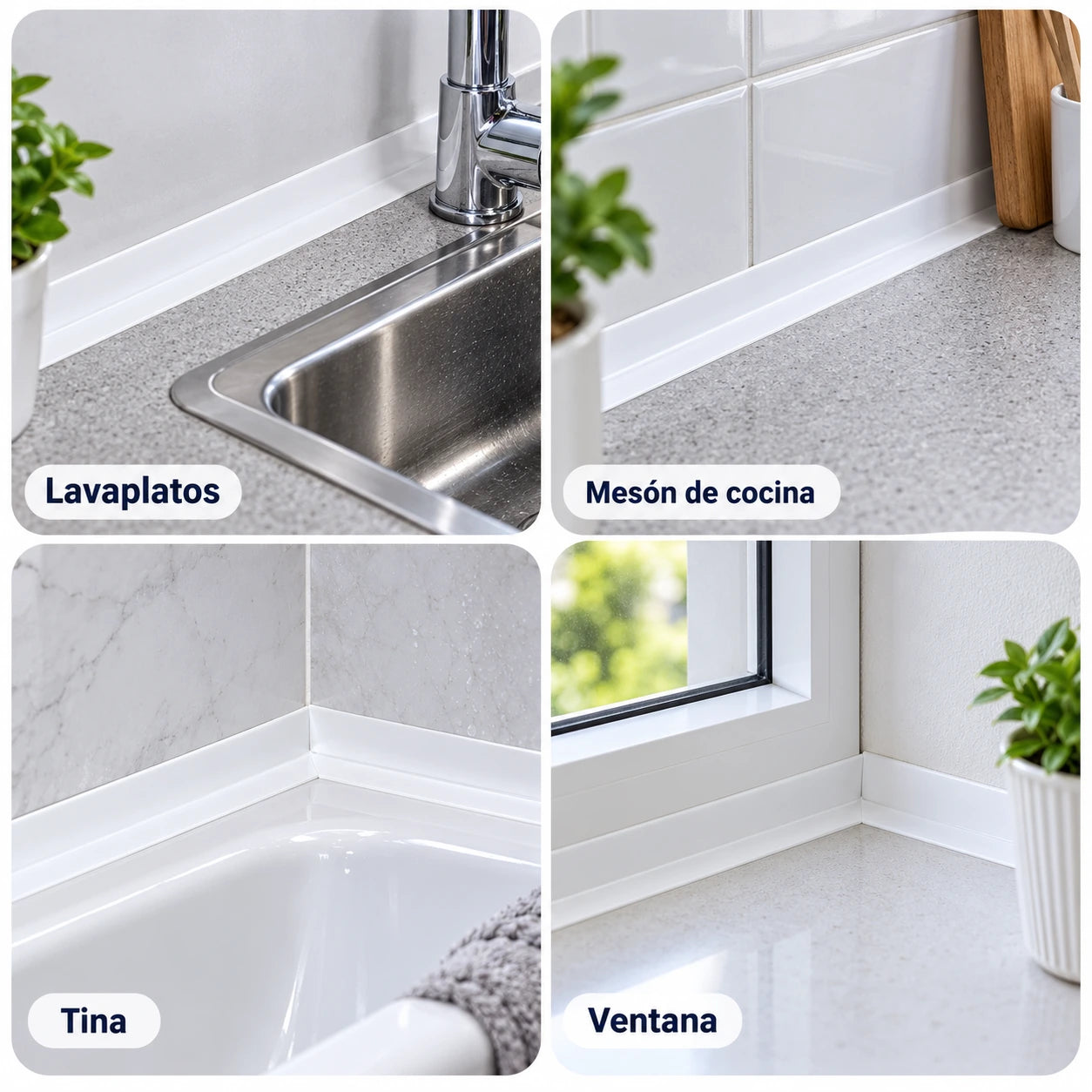 Cinta SellaNova en lavaplatos, mesón de cocina, tina y ventana